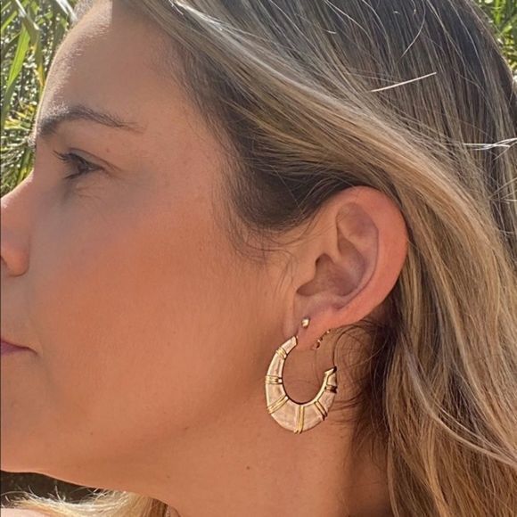 Gold Filled Mother of Pearl Statement Hoops - Picture 7 of 10